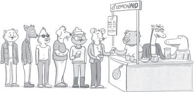 Illustration of diverse animals, including a cat, dog, bear, and others, waiting in line at a ‘LEMONAID’ stand operated by three animals - a pig, an alligator and a giraffe. The pig is doing the sales work, while the giraffe coaches the alligator in the back.