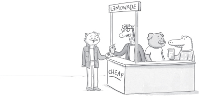 Illustration of a cat buying lemonade from a stand labeled ‘CHEAP LEMONADE,’ manned by three animals - a pig, an alligator and a giraffe. The giraffe is shown to be the one doing the work by itself while the rest of the animals stand in the back.