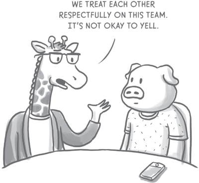 Illustration of a giraffe and a pig sitting down. The giraffe says ‘We treat each other respectfully on this team. It's not okay to yell.’