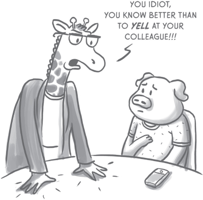 Illustration of a giraffe scolding a pig who is sitting down. The text in the image reads, ‘You idiot, you know better than to yell at your colleague!!!’