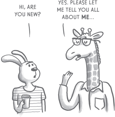 Illustration of a rabbit and a giraffe in conversation. The rabbit asks, Hi, are you new?’ The giraffe responds, ‘Yes. Please let me tell you all about me.’