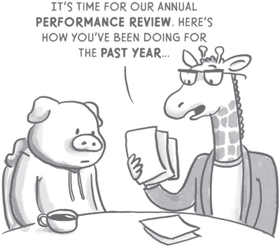 Illustration of a giraffe holding papers and a pig sitting at a table. The giraffe says, ‘It's time for our annual performance review. Here's how you've been doing for the past year.’