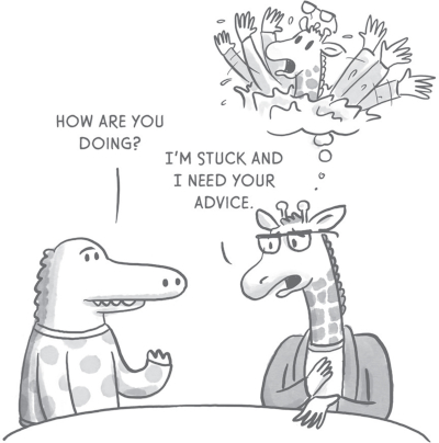 Illustration of a crocodile and a giraffe having a conversation. The crocodile asks, ‘How are you doing?’ The giraffe responds, ‘I'm stuck and I need your advice.’ while imagining itself in a chaotic situation.