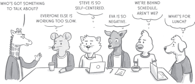 Illustration of a giraffe asking ‘Who's got something to talk about?’ and six anthropomorphic animals seated around a table, each expressing different thoughts: ‘Everyone else is working too slow.’, ‘Steve is so self-centered.’, ‘Eva is so negative.’, ‘We're behind schedule, aren't we?’, and ‘What's for lunch?’