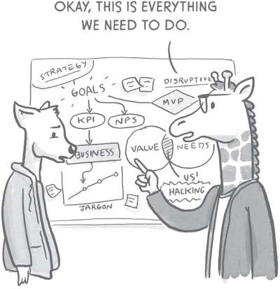 Illustration of a fox and a giraffe, both in business attire, discussing a whiteboard filled with business jargon and strategies. The giraffe says 'Okay, this is everything we need to do.'