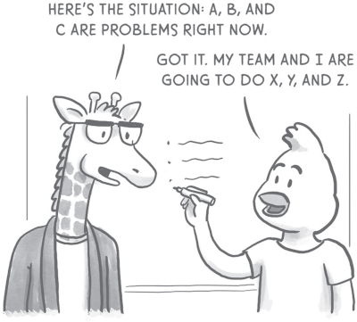 Illustration of a giraffe and a bird in conversation. The giraffe says, ‘Here's the situation: A, B, and C are problems right now.’ The bird responds, ‘Got it. My team and I are going to do X, Y and Z.’