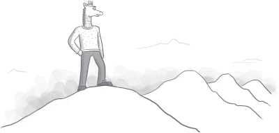 Illustration of a giraffe standing on top of a mountain looking out at a range of mountains in the distance.