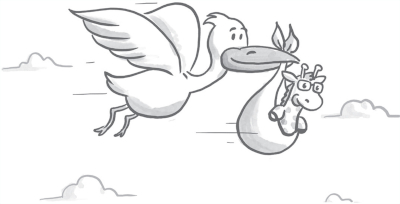 Illustration of a stork in flight, delivering a baby giraffe wrapped in a cloth bundle.