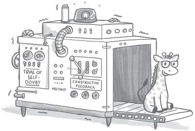 Illustration of a giraffe undergoing a transformation inside a machine labeled with ‘Trial of Self-Doubt’, ‘Meetings‘ and ‘Constructive Feedback.